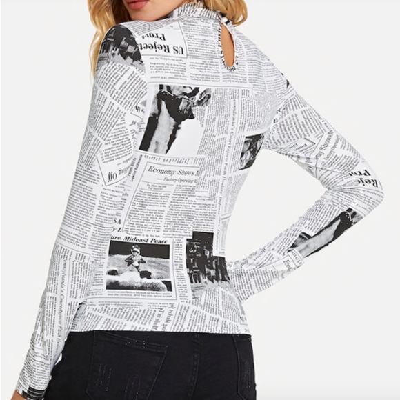 Printed Newspaper Stretch MockNeck Long Sleeve Top - Picture 4 of 6